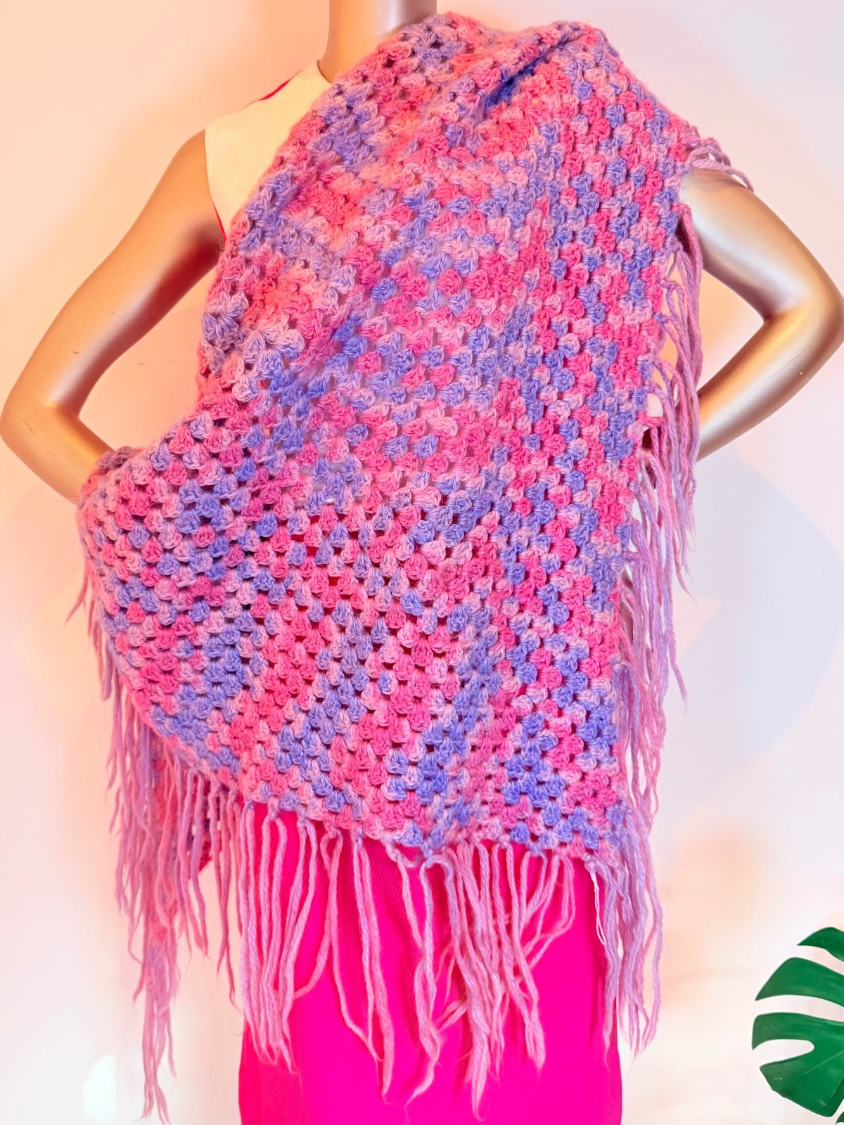 Handmade Crochet Knit Shawl Pink and Purple Scarf Wrap with Fringe Detailing