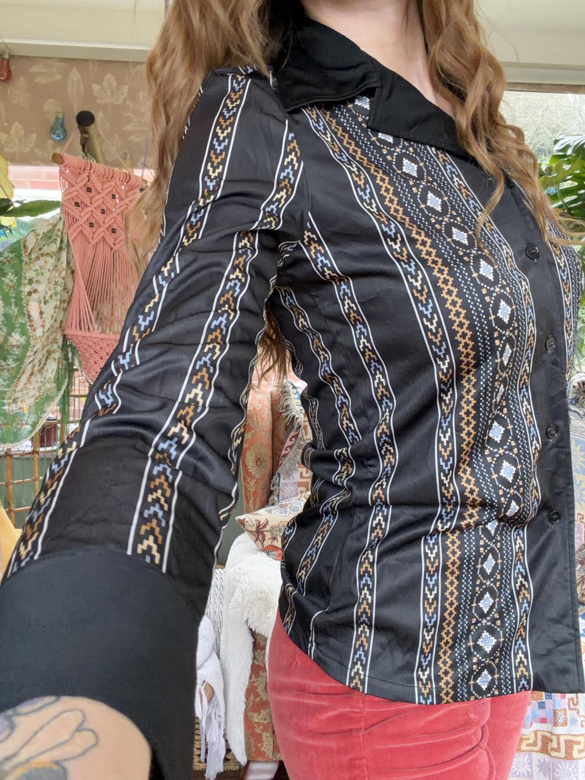 Vintage 80s Black Shirt Size 8 Retro Blouse Abstract Aztec Striped Long Sleeve