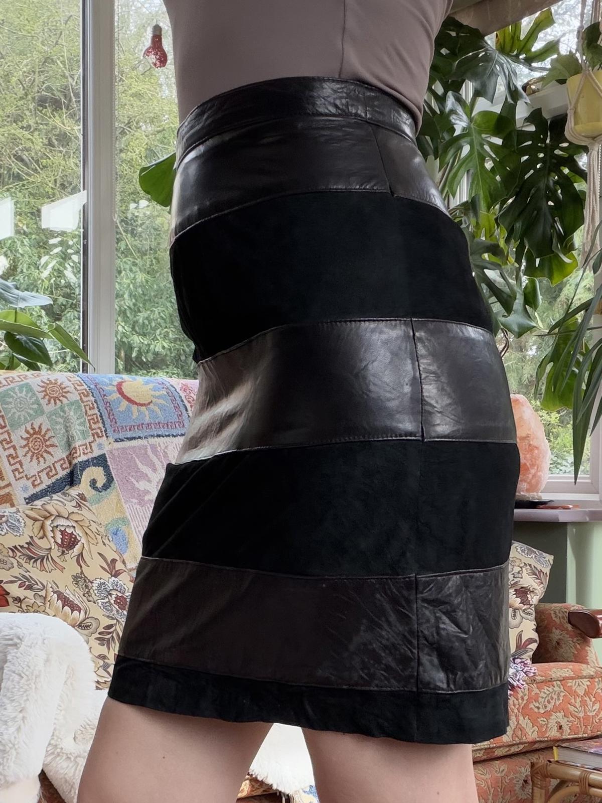 Vintage 1980s Leather Skirt Black Suede Panelled Retro Mini Skirt Size 8