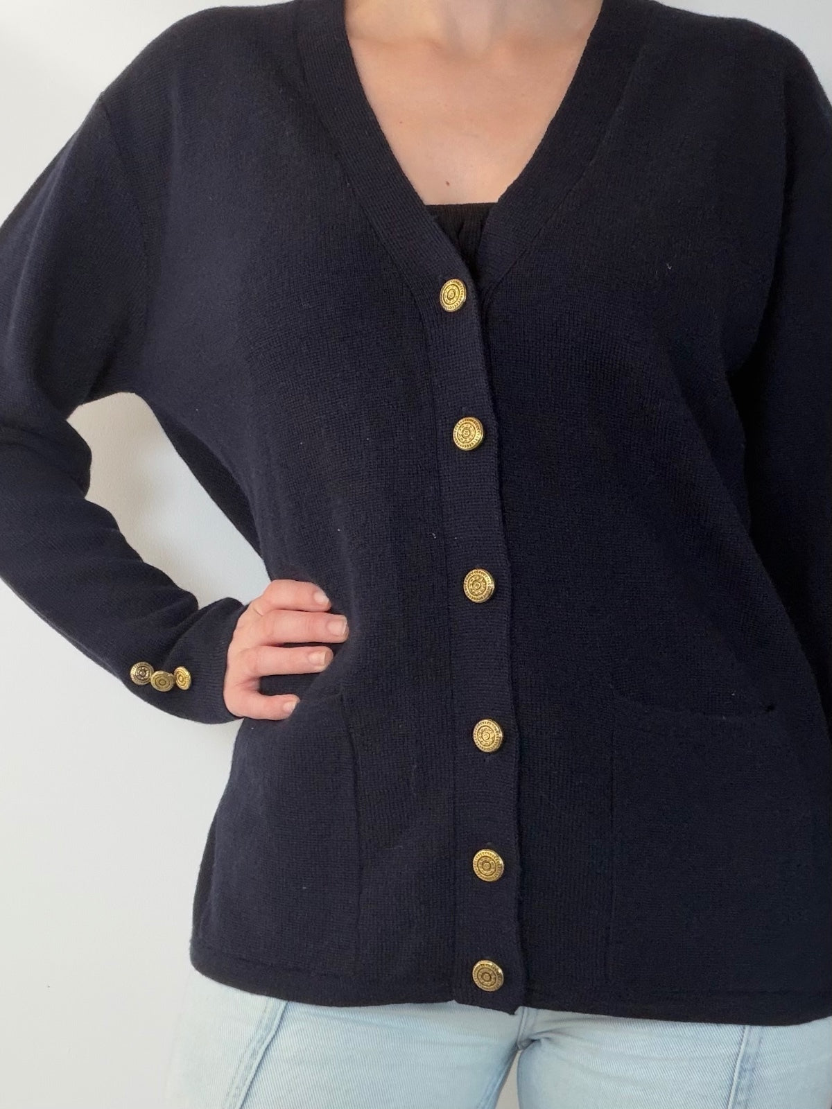 Vintage 1990s Cardigan Navy Blue with Gold Buttons Size 14 to 16 wool blend