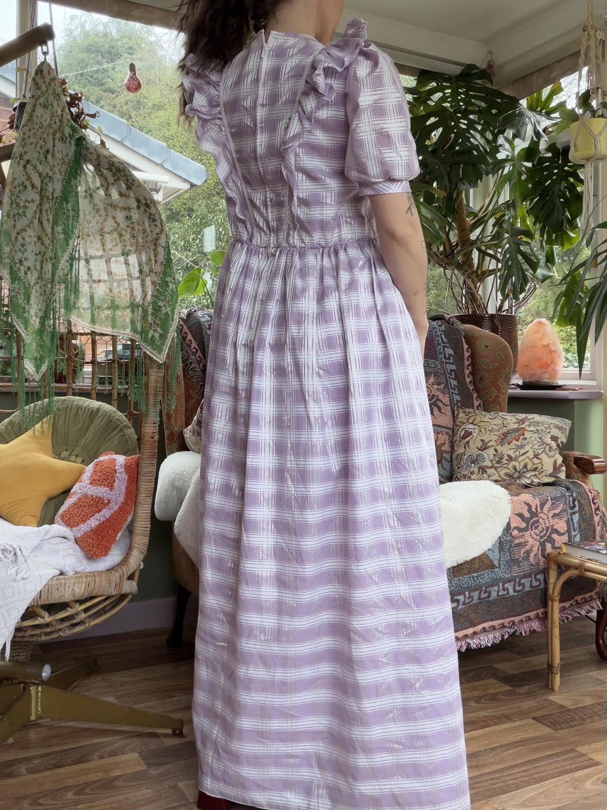 Vintage 1970s Maxi Dress Size 10 12 Lilac Checkered Tartan with Ruffle Details