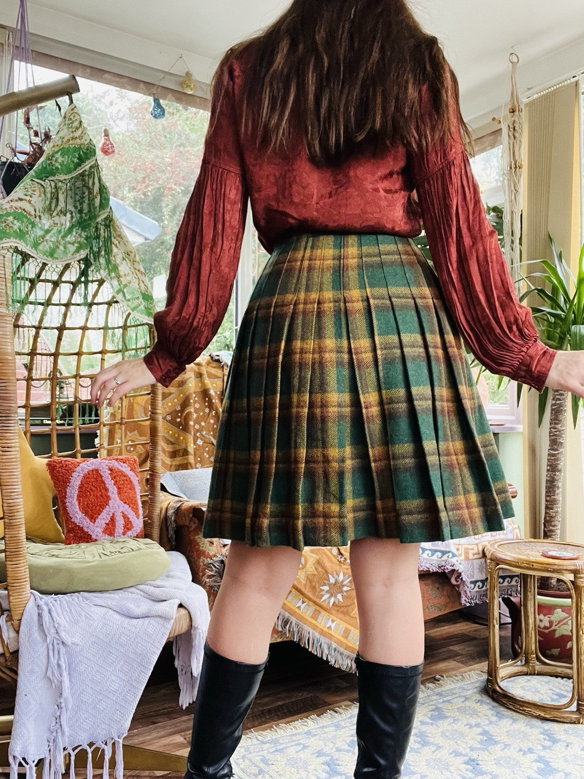 Vintage 1970s Tartan Skilrt, Plaid Pleated Knee Length Wool Kilt, Green Size 8