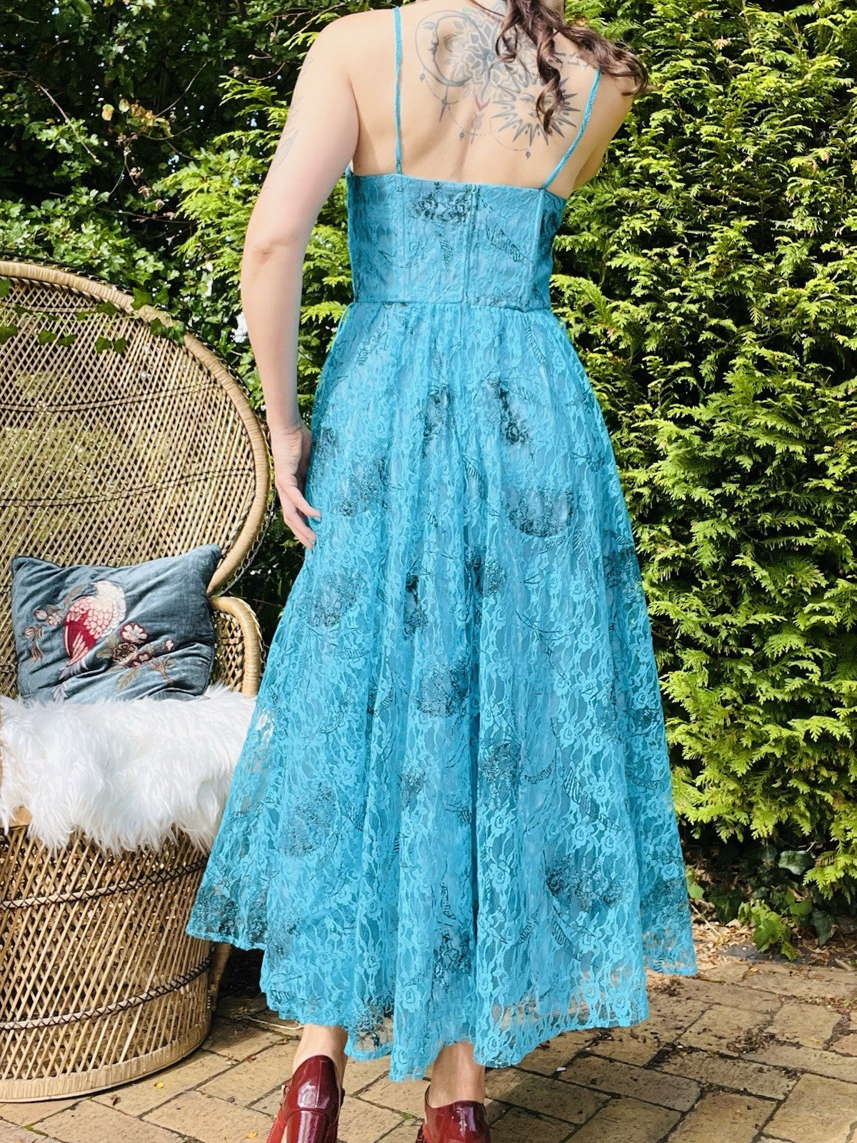 Vintage 1980s Party Dress, Strappy A-line With Floral Lace Overlay - Blue 10