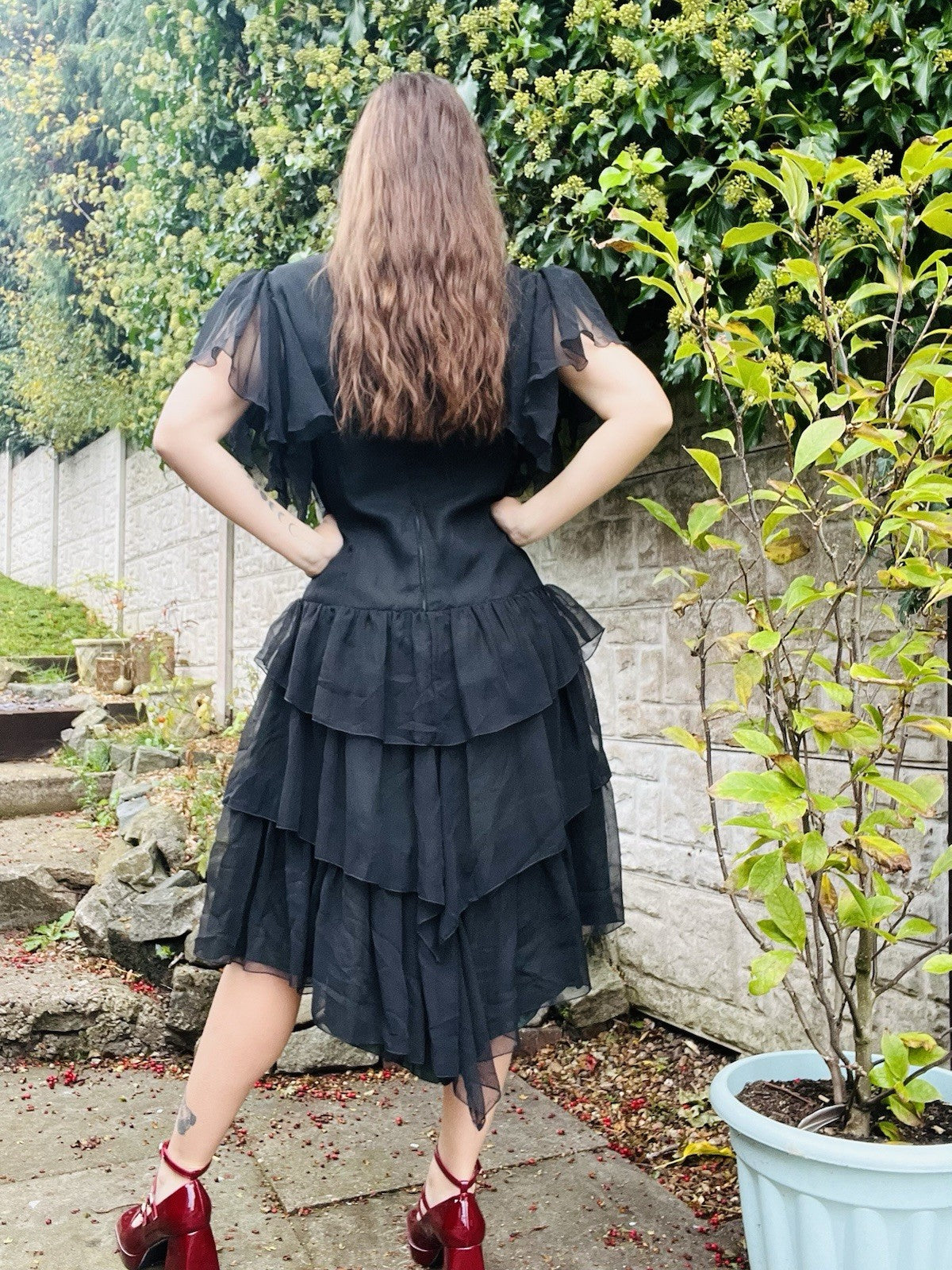 Vintage 1980s Party Dress Black Size 14-16 Frilly Floaty Layered Skirt