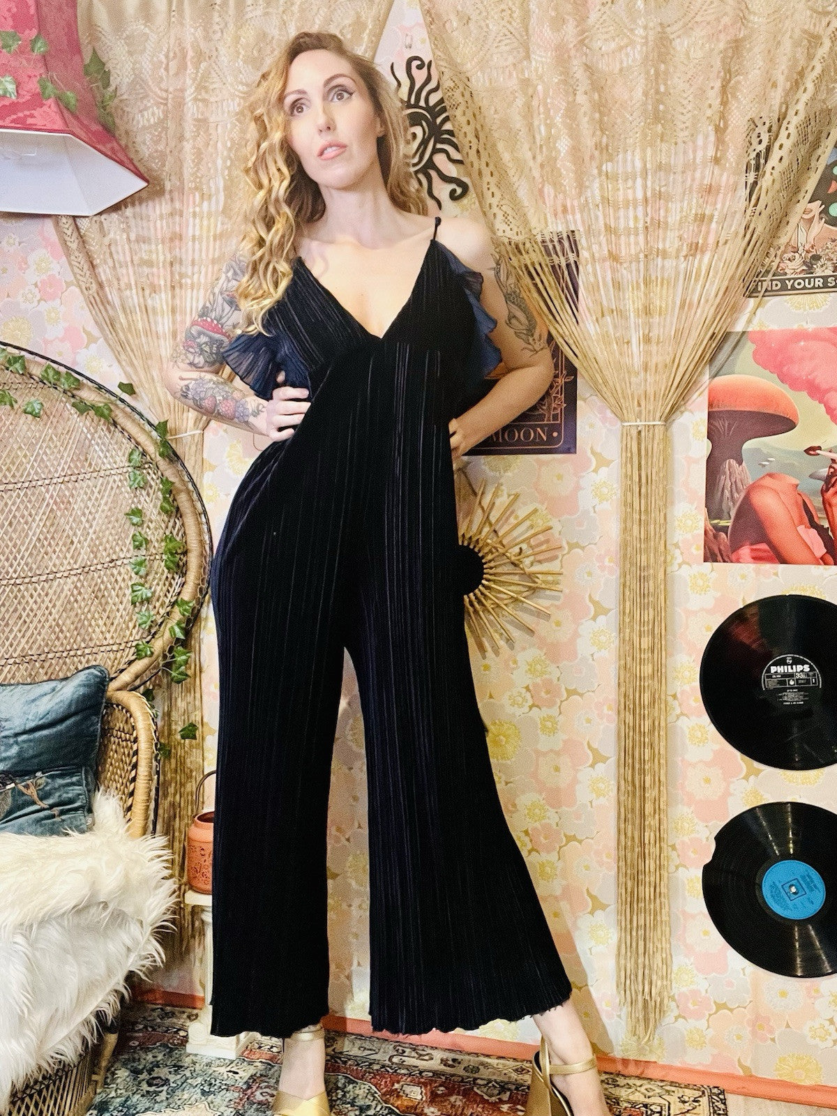 Retro Flared Velvet Jumpsuit By Plastic Ribbed Frilly Baggy Fit Romper Blue 12