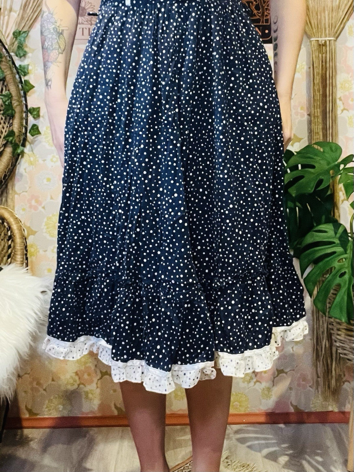 Vintage 1960s Summer Dress Polkadot With Frilly Hem And Pockets Size 12