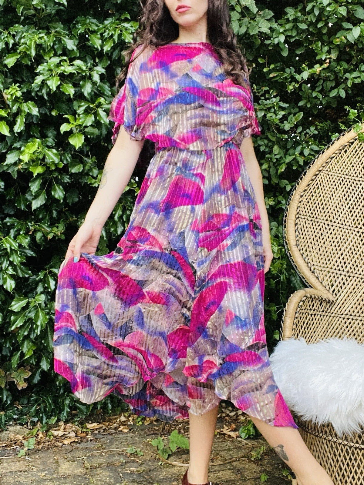 Vintage 1980s Floaty Dress With Cape Sleeves Bold Retro Pink And Purple Sheer 12