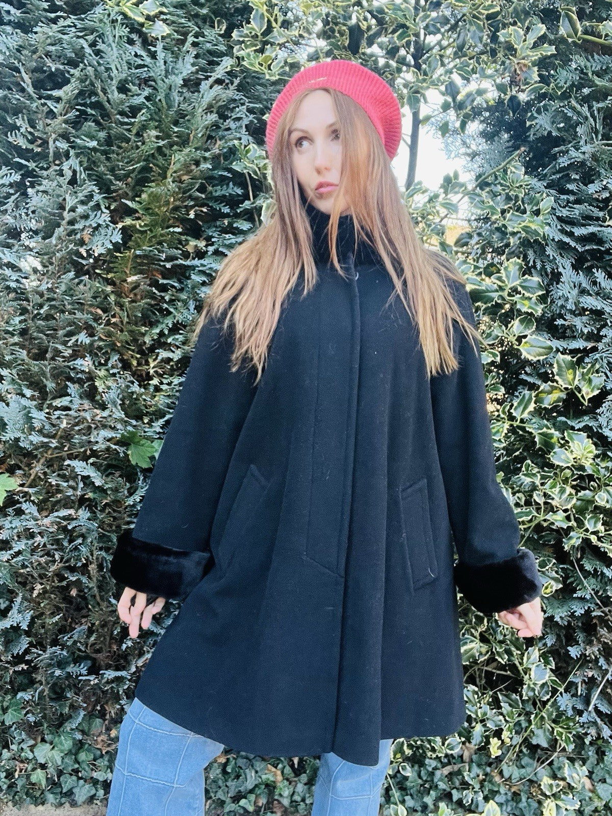 Vintage 1980s Coat Cashmere Blend By Hamells Black With Faux Fur Trim Size 12