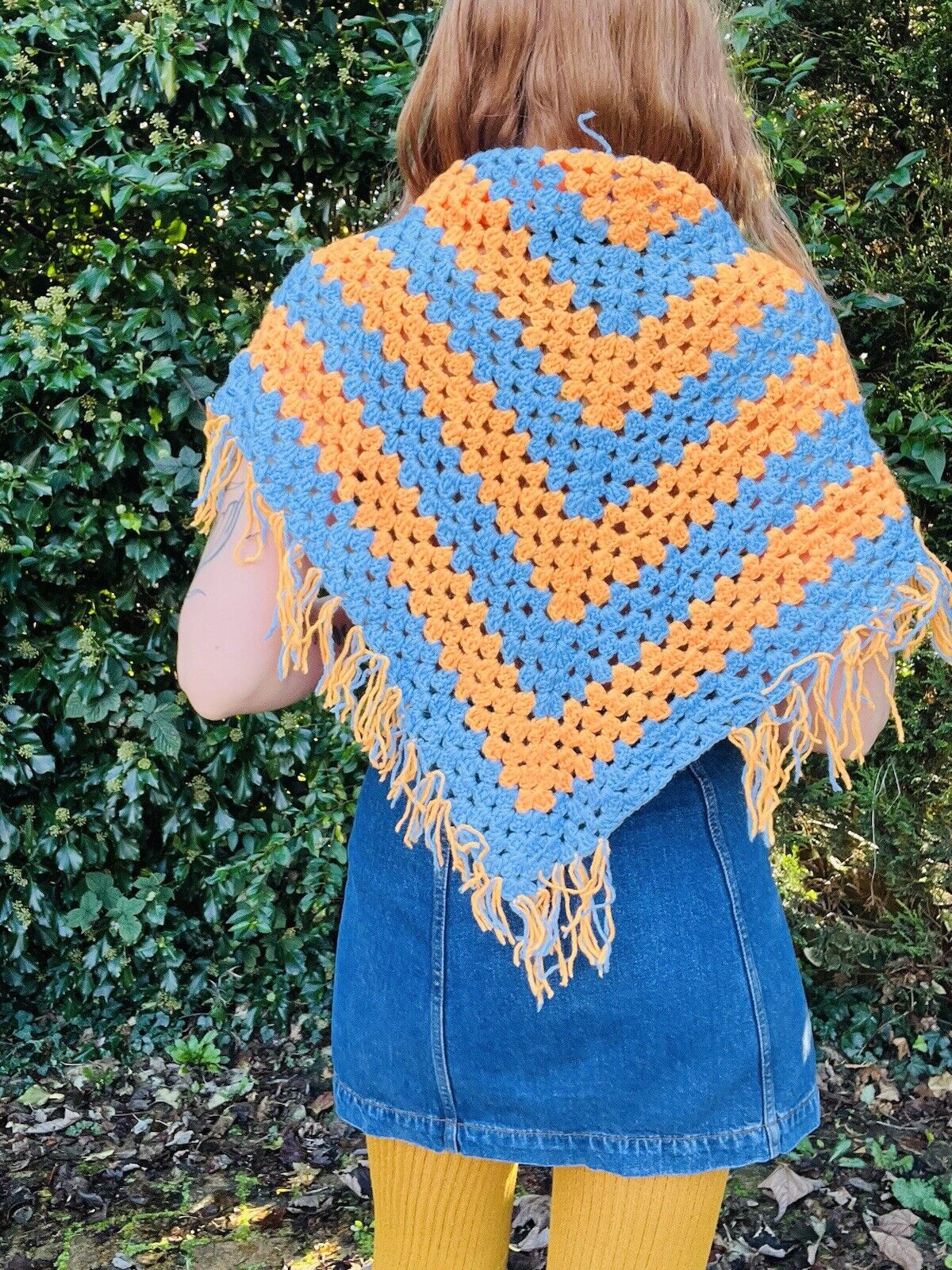 Vintage Boho Crochet Shawl Hippie Triangle Knit Wrap Cape Cottage Whimsy Scarf