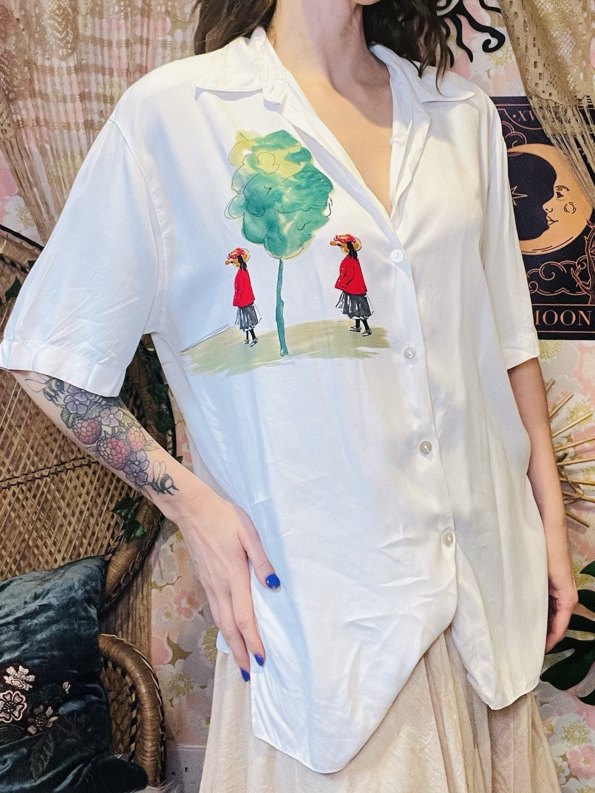 Vintage 1980s Blouse Shirt Watercolour Painting Oversized Baggy Top White 12