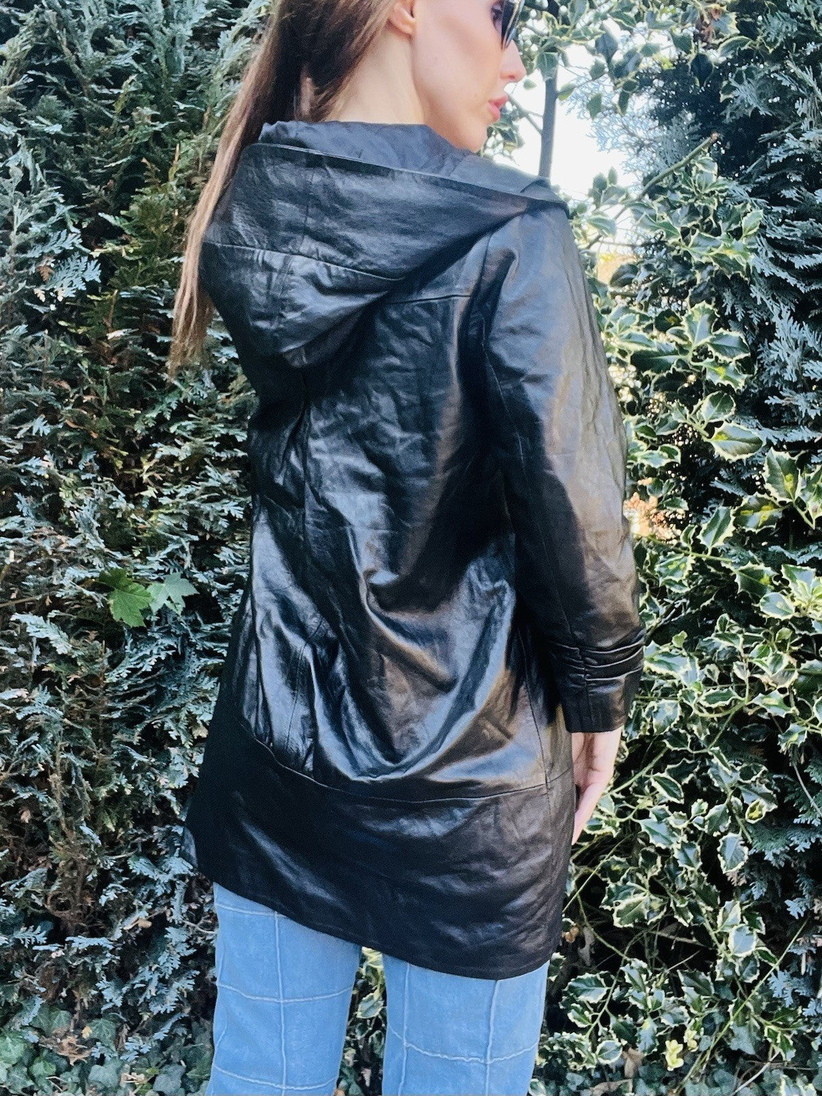 Vintage 1980s Leather Jacket With Hood, Retro Cropped Sleeve Long Length 10-12