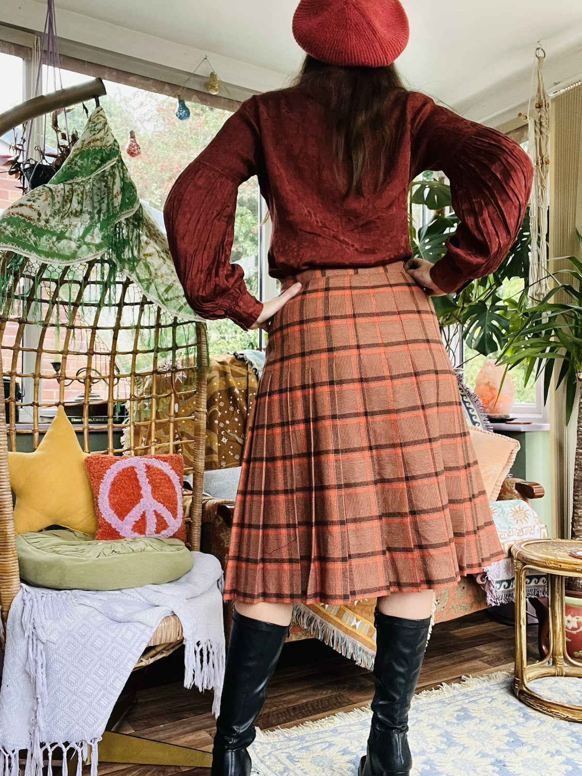 Vintahe 1980s Tartan Skirt, Pleated Plaid High Waist Midi Skirt, Orange Size 12