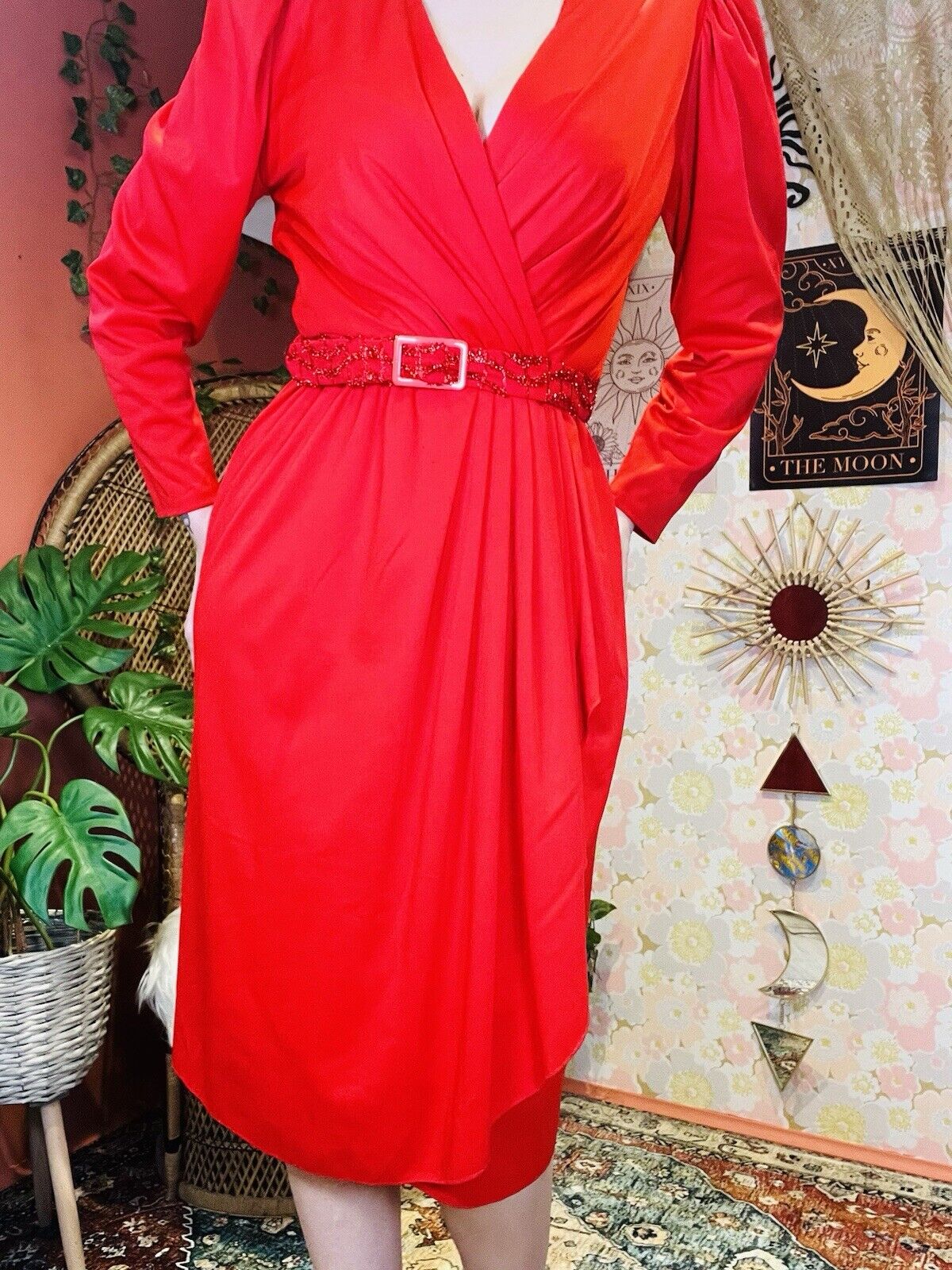 Vintage 1980s Wrap Style Dress Long Sleeve With Sparkly Belt Red Size 10