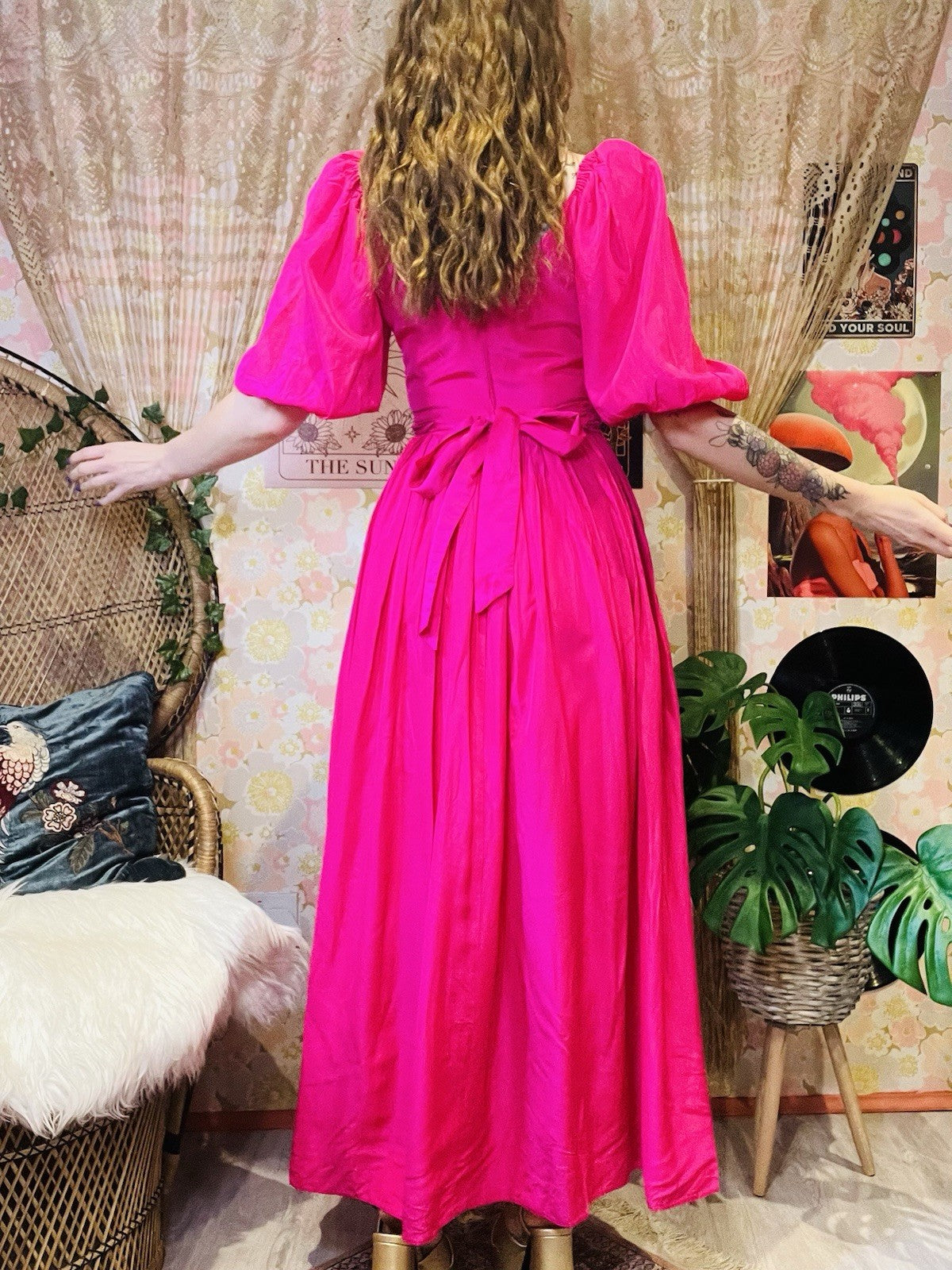 Vintage 1980s Puff Sleeve Dress And Tie Waist Hot Pink Cocktail Gown Size 8