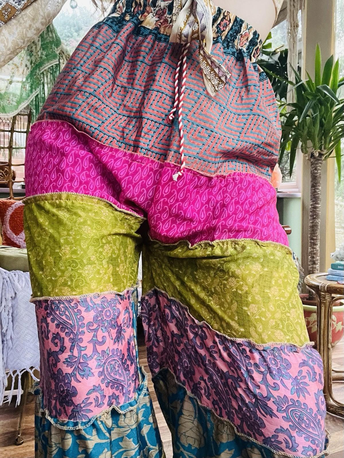 Wide Leg Trousers Vintage Patchwork Layered Sari Silk Hippie Boho Gypsy Pants M