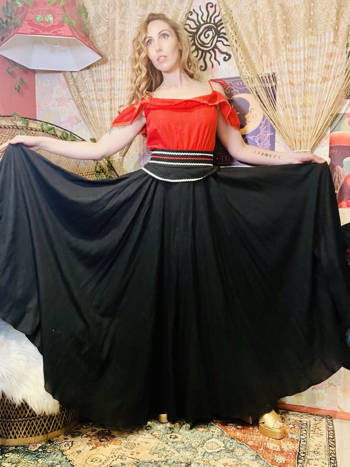Vintage 1980s Maxi Dress Long Peasant Boho Frilly Dress With Belt Red Black 10