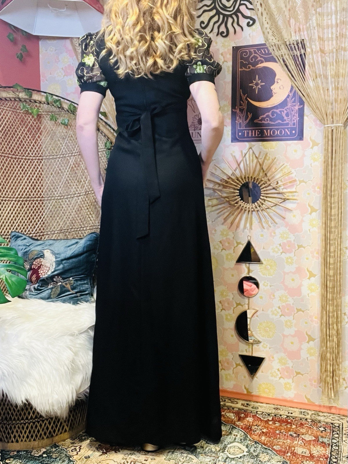 Vintage 1970s Maxi Dress Empire Waist With Embroidered Puff Sleeves Black 12
