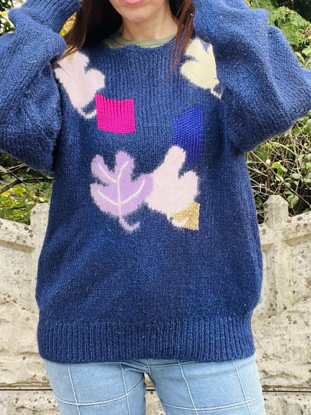 Vintage 1980s Jumper By Golden Gate Funky Retro Pattern Knit Sweater Blue Size L