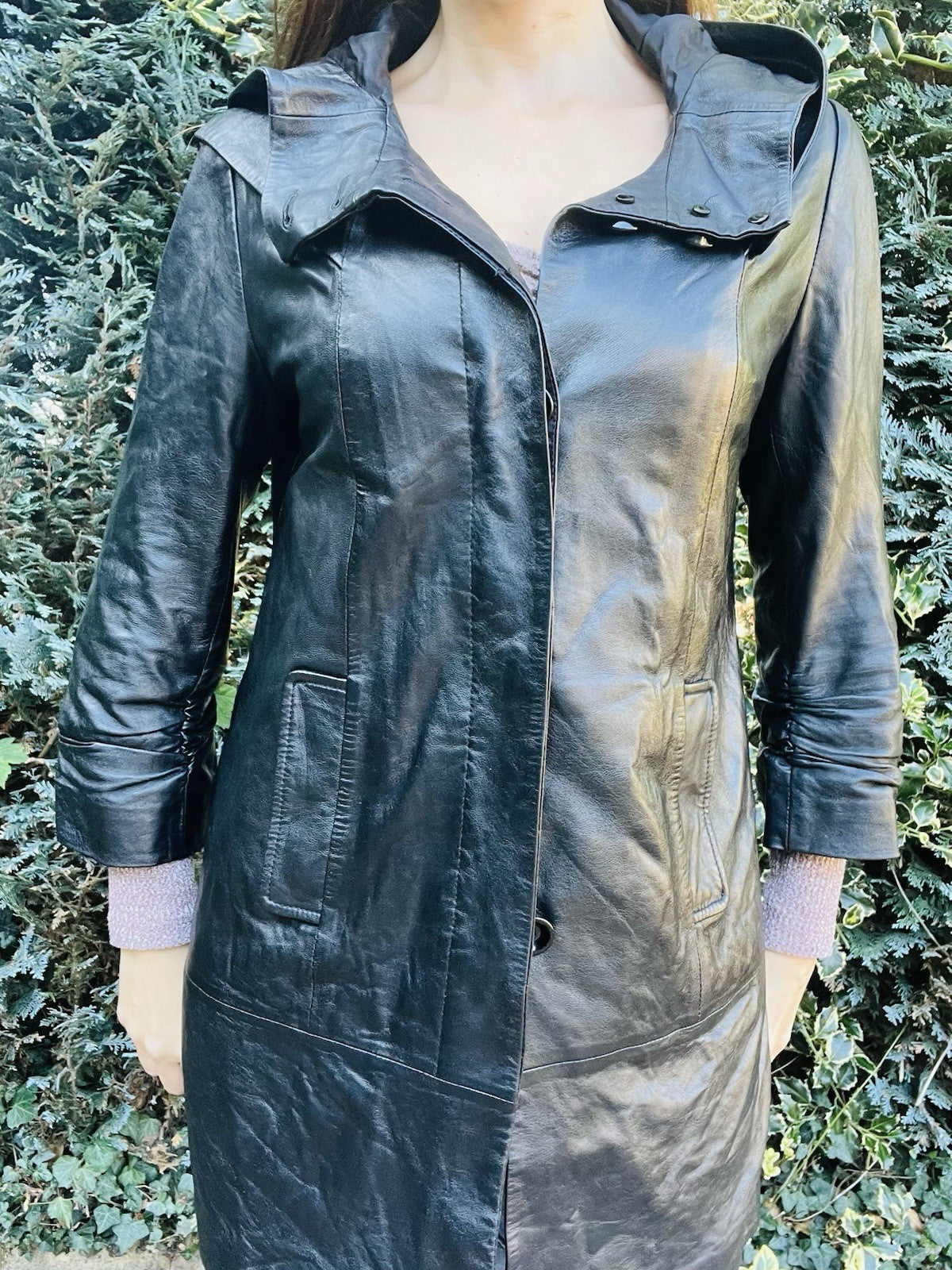 Vintage 1980s Leather Jacket With Hood, Retro Cropped Sleeve Long Length 10-12