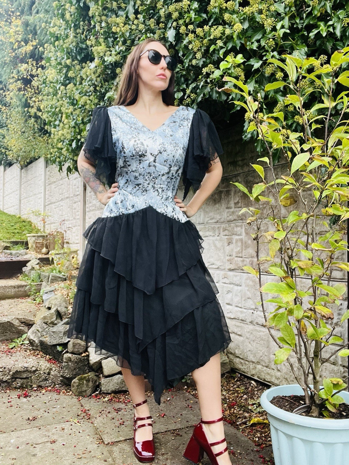 Vintage 1980s Party Dress Black Size 14-16 Frilly Floaty Layered Skirt