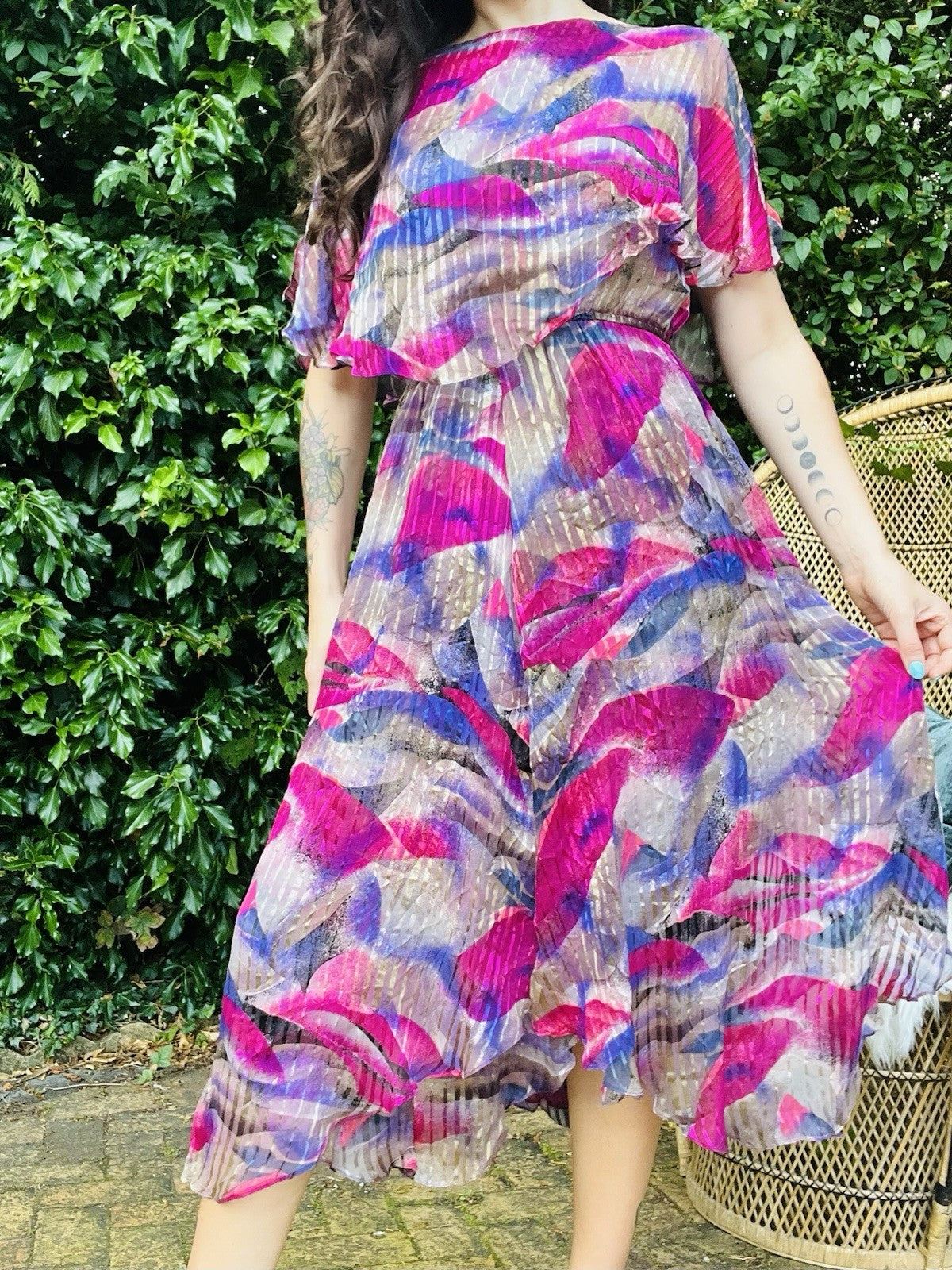 Vintage 1980s Floaty Dress With Cape Sleeves Bold Retro Pink And Purple Sheer 12