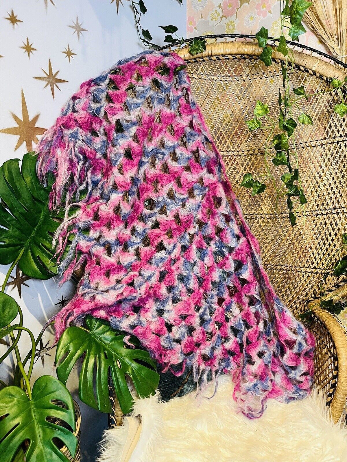 Vintage Boho Crochet Shawl Hippie Triangle Knit Wrap Cape Cottage Whimsy Scarf