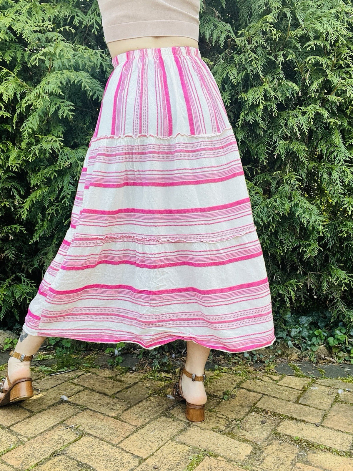 Hippie Boho Festival Skirt Layered Pink Striped Floaty Summer Midi Skirt Size S