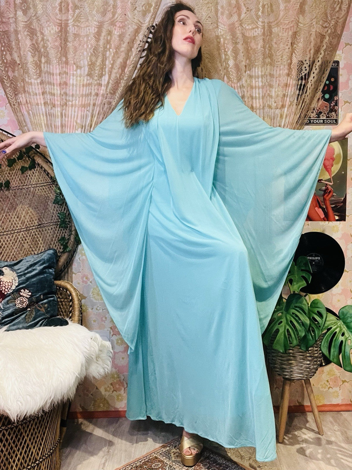 Vintage 1970s Maxi Dress Flared Angel Sleeve Floaty Layered Hippie Dress Blue 14