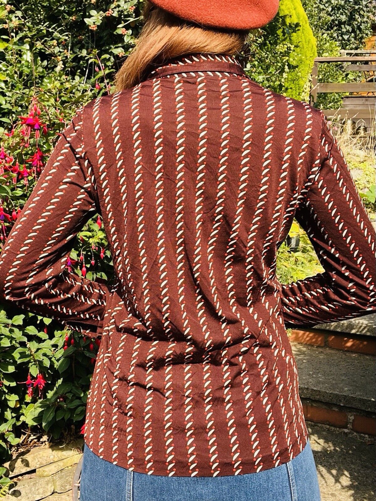 Vintage 1970s Retro Shirt Long Sleeve Abstract Striped Blouse Brown Size 10