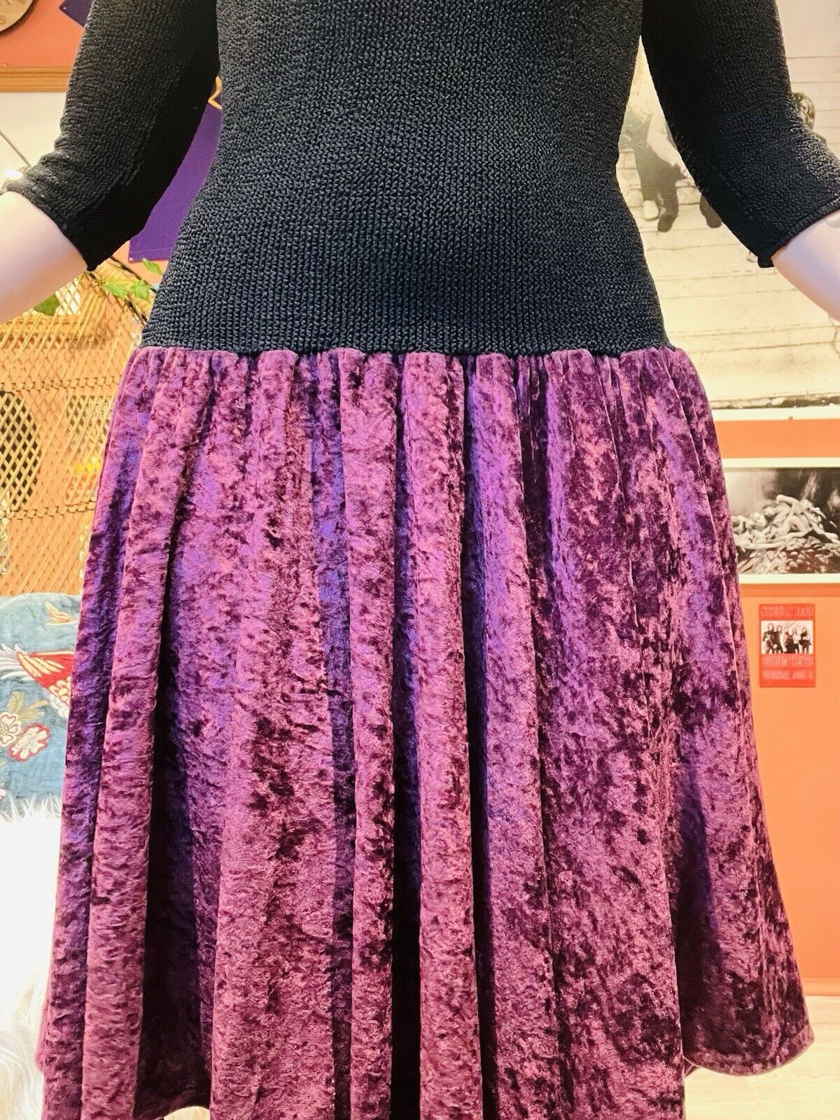 Vintage 90s Velvet Dress By Crystal Whimsigoth Low Back & Bow Black Purple 8-10