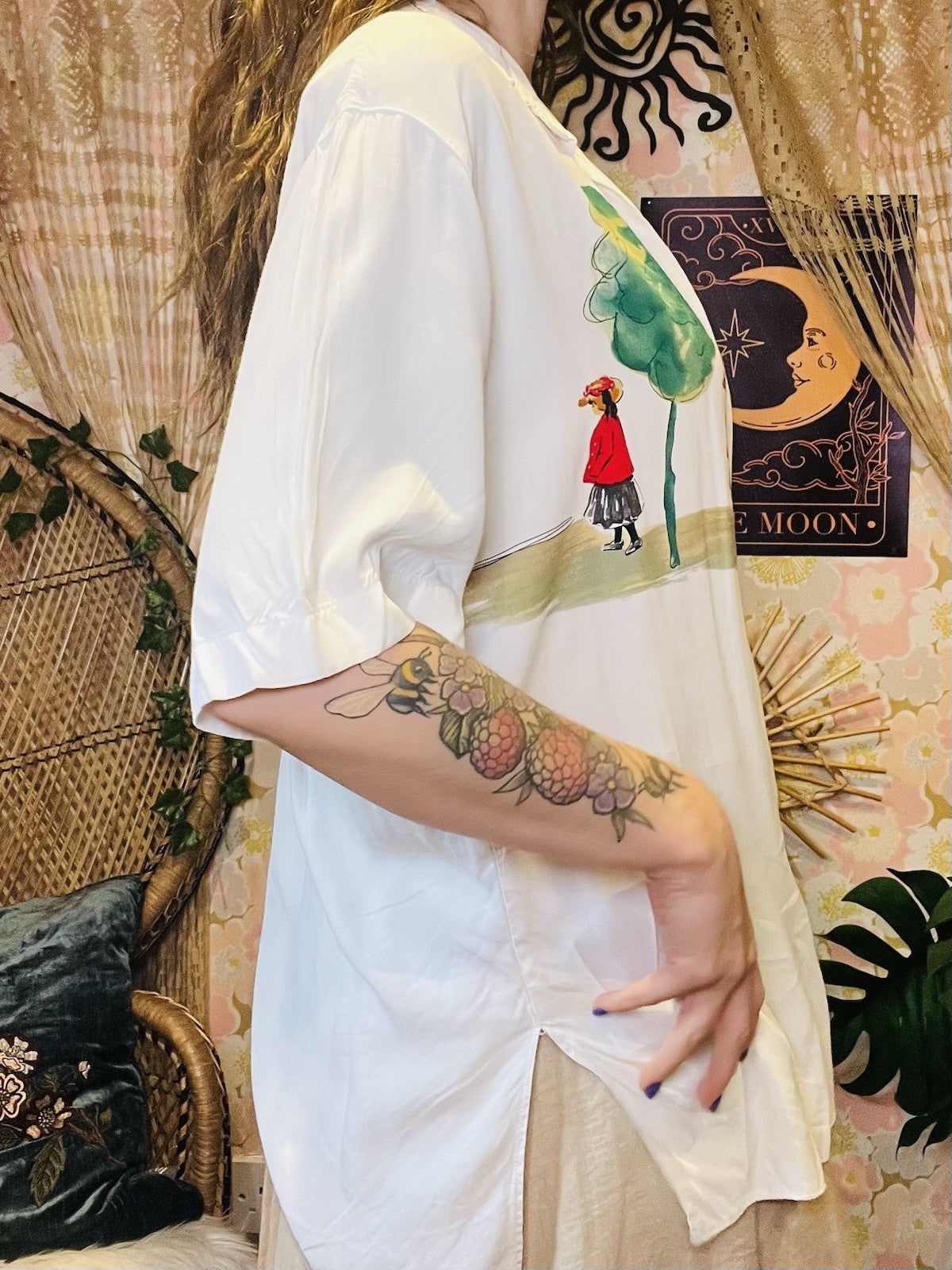 Vintage 1980s Blouse Shirt Watercolour Painting Oversized Baggy Top White 12