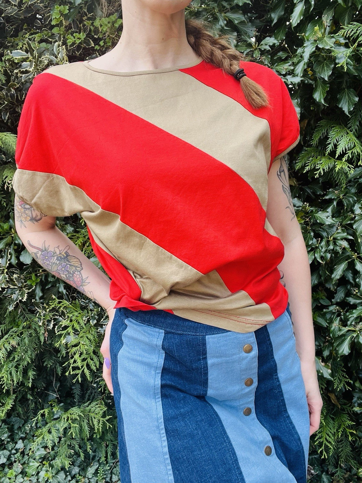 Vintage 1990s Striped T-shirt Bold Block Colour Red Beige Retro Top Size 16