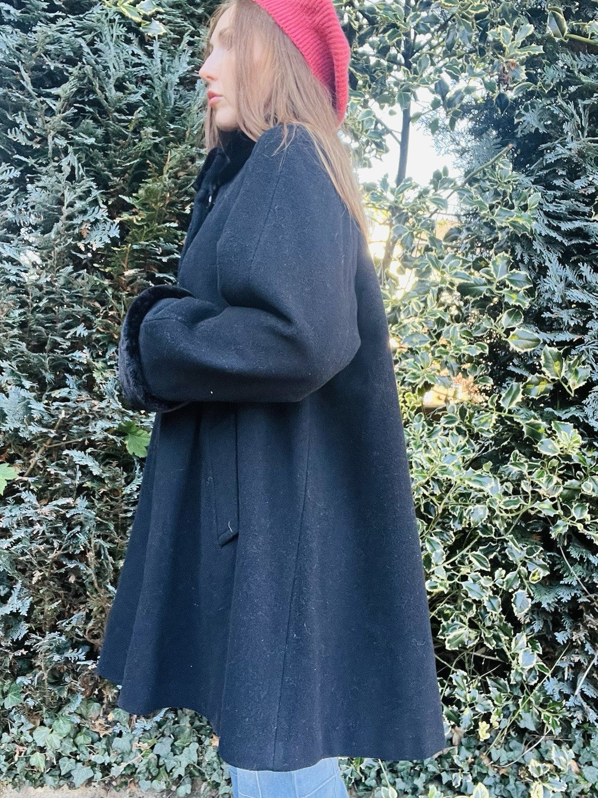 Vintage 1980s Coat Cashmere Blend By Hamells Black With Faux Fur Trim Size 12