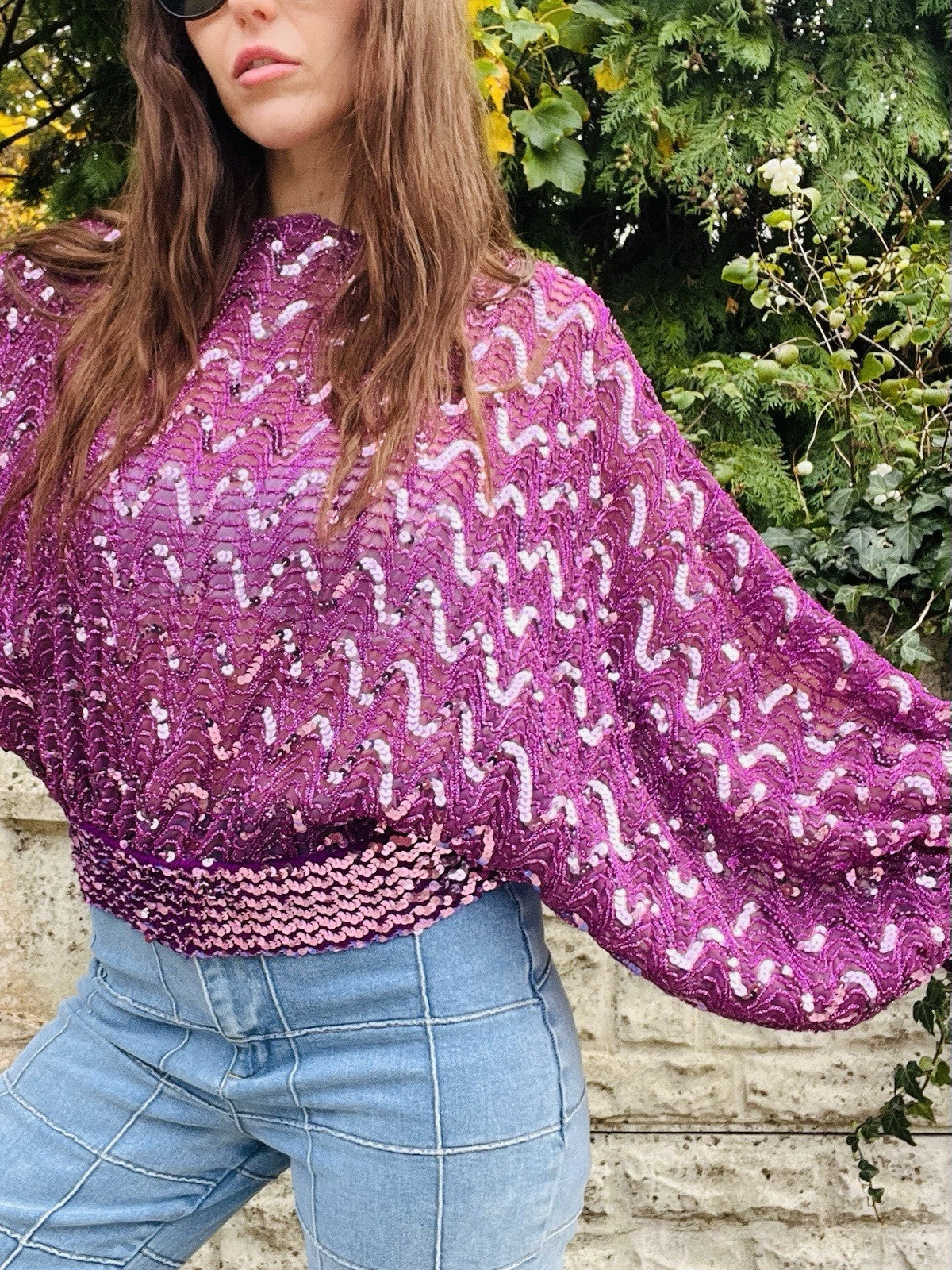 Vintage 1980s Sequin Top Pink Size 14-16 Retro Batwing Sleeve Party Wear