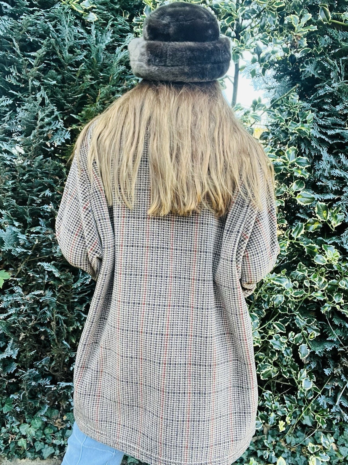 Vintage 80s Fleece Jacket, St Micheal Check Dogtooth Houndstooth Fluffy Coat XL