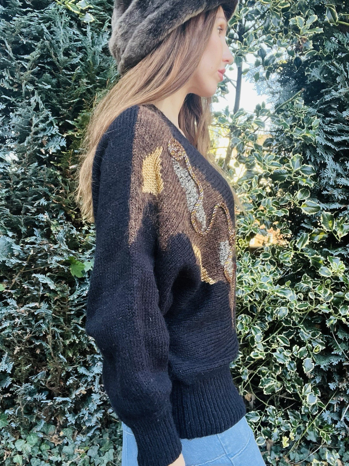 Vintage 1980s Knit Cardigan, Batwing Sleeve Warm Wool Blend Knitted Jumper 14-16