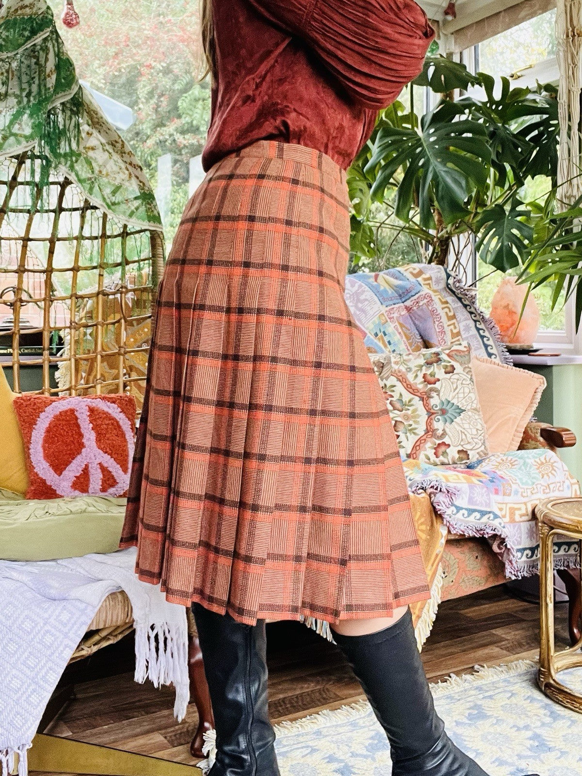 Vintahe 1980s Tartan Skirt, Pleated Plaid High Waist Midi Skirt, Orange Size 12