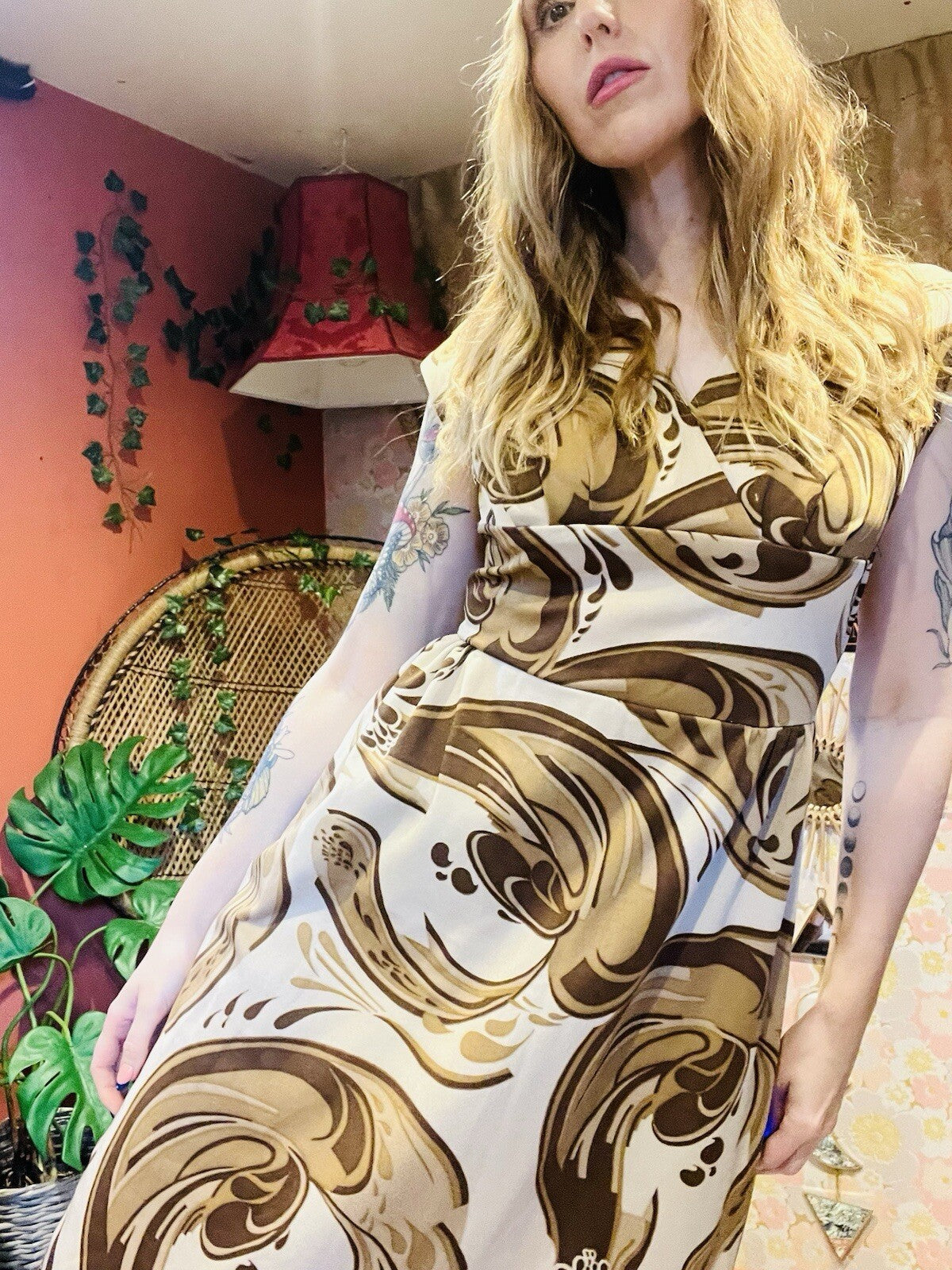 Vintage 1970s Maxi Dress Psychedelic Hippie Pattern By DK Modern Brown Size 10