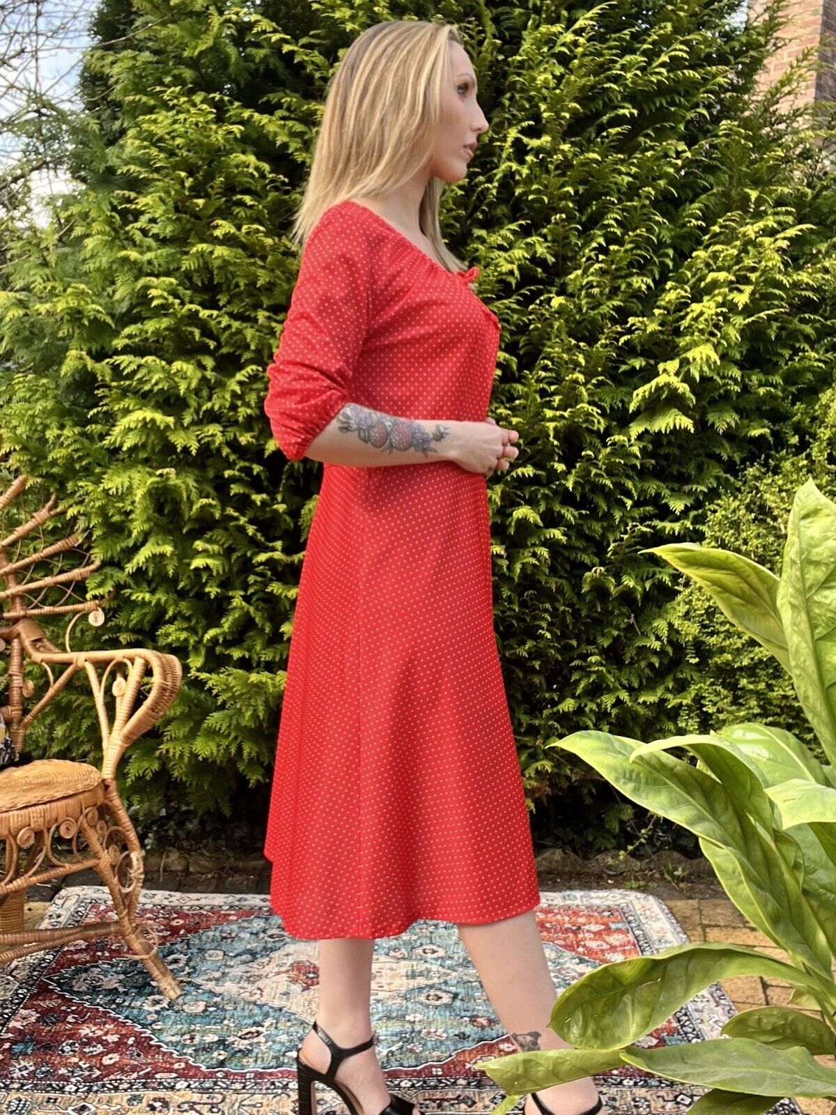 Vintage 80s Polkadot Dress With 3/4 Sleeves Size 14