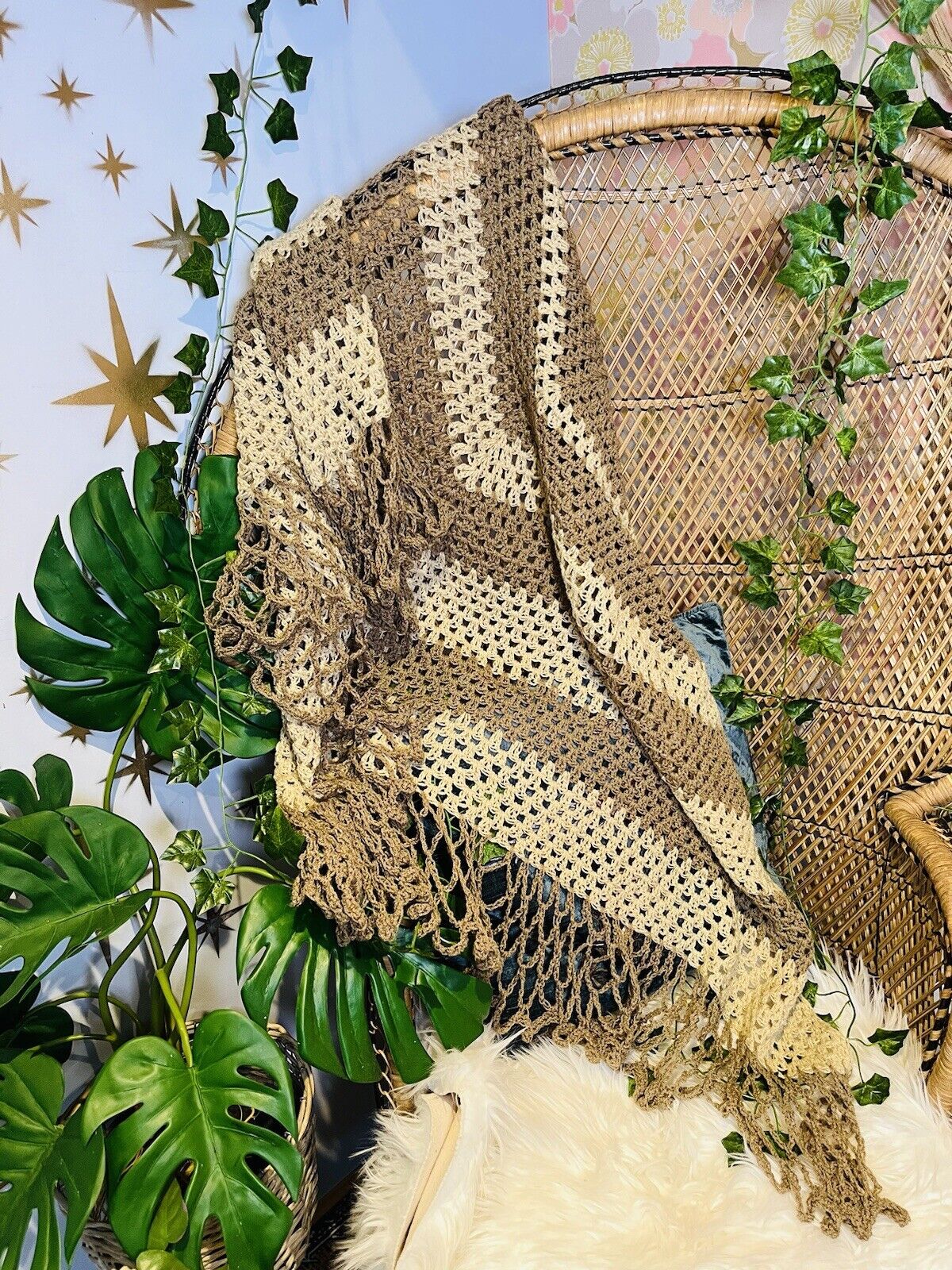 Vintage Boho Crochet Shawl Hippie Triangle Knit Wrap Cape Cottage Whimsy Scarf