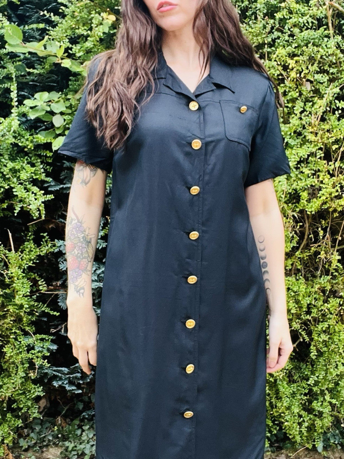 Vintage 1980s Shirt Dress, Pure Silk With Gold Buttons By Talbots, Black 14-16