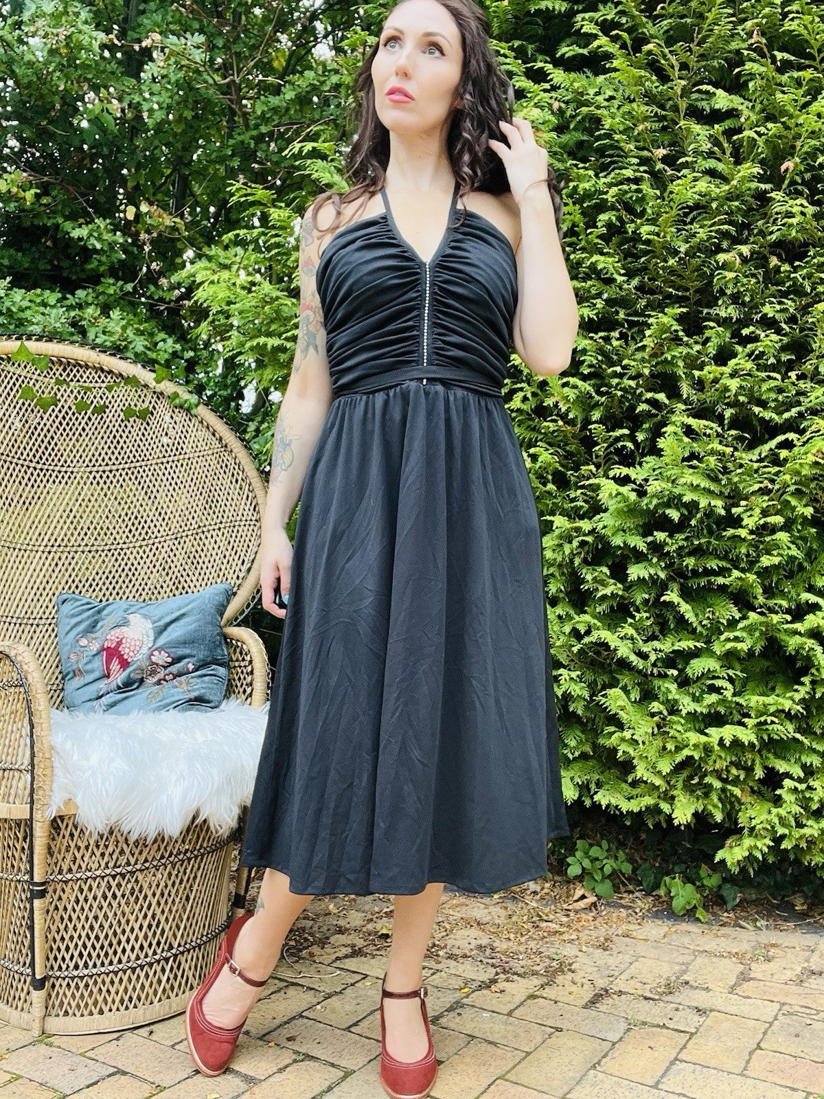 Vintage 1980s Party Dress Black Floaty Rouched Waist Strappy Dress Size 12