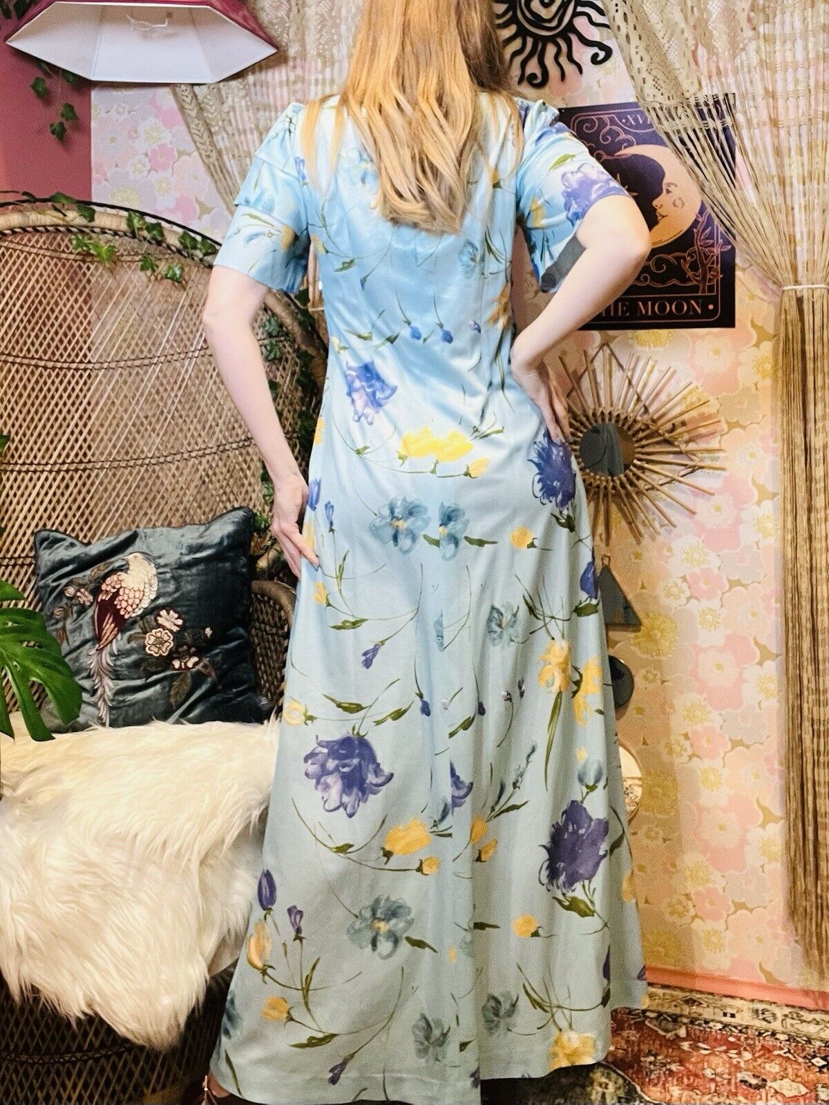 Vintage 1970s Maxi Dress Frilly Layered Sleeve Long Summer Floral Dress Blue 14