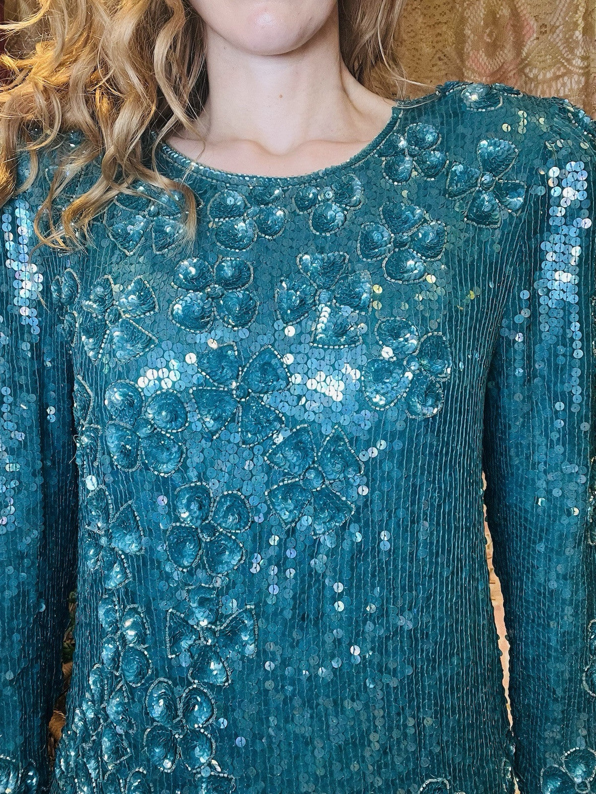 Vintage 80s Semi Top By Gantos Floral Embellished Silk Blouse With Shoulder Pads