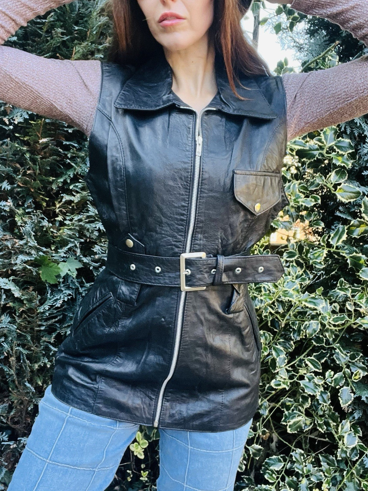 Vintage 70s 80s Leather Gilet, Retro Black Belted Sleeveless Jacket Size 10-12