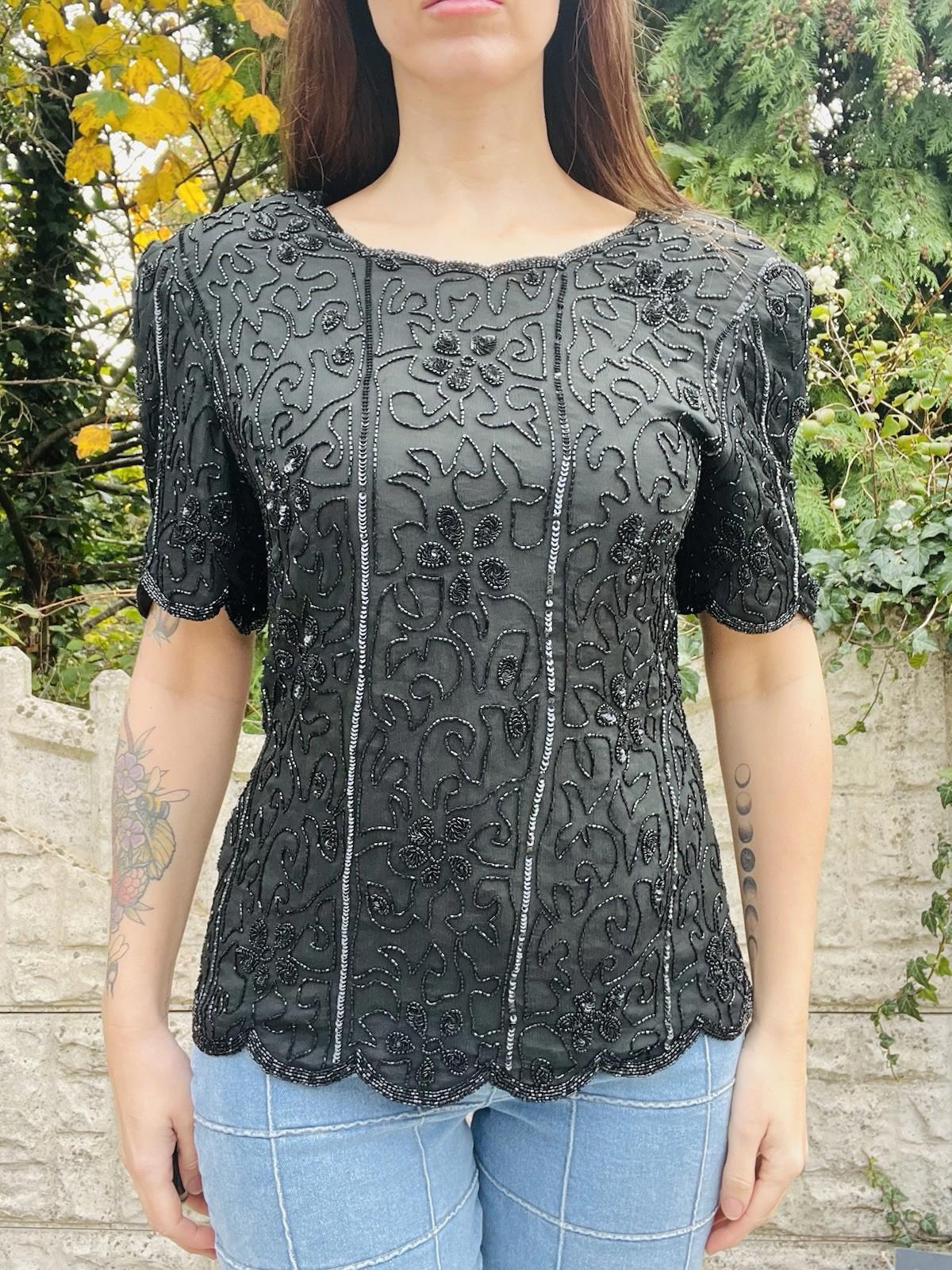 Vintage 1980s Beaded Top Size 14 Black Silk Embellished Sparkly Going Out Blouse