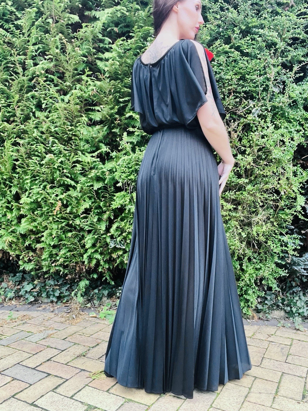 Vintage 1980s Maxi Dress, Long Pleated Skirt, Batwing Cape Sleeve Top, Black 10