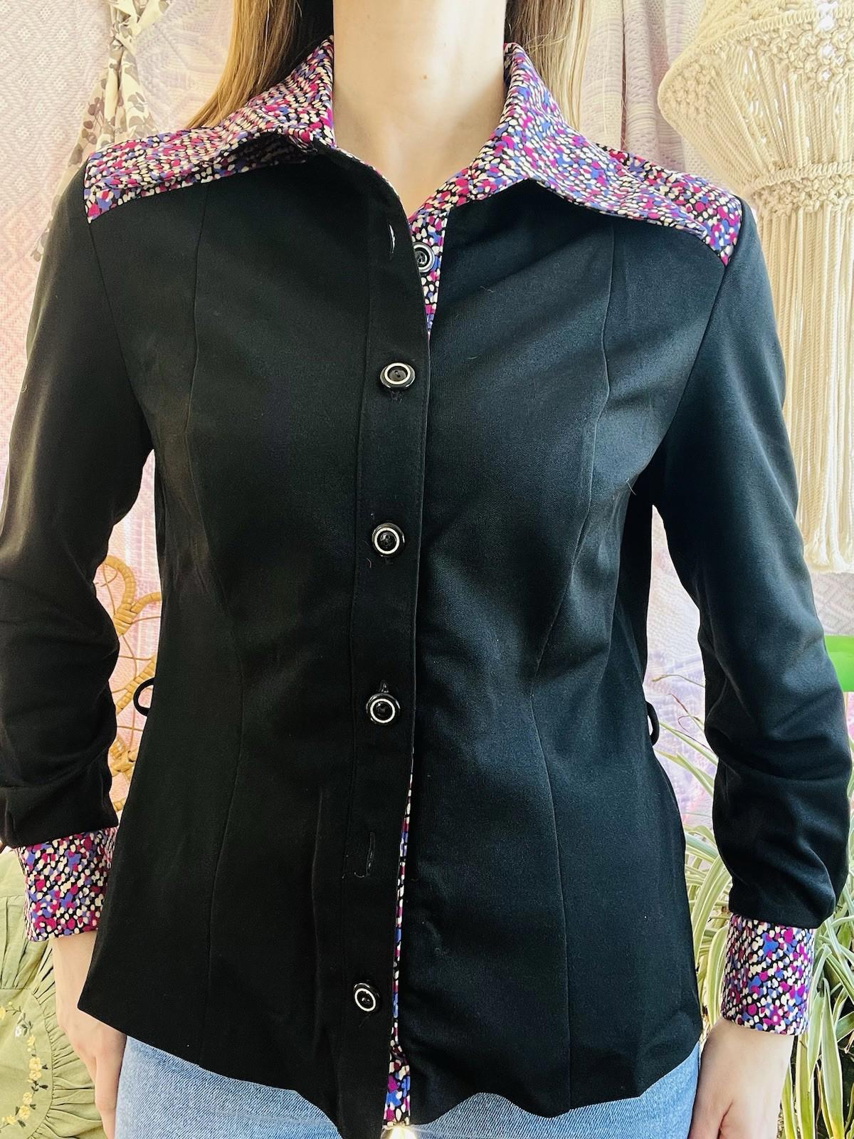 Vintage Blouse Bold Retro Print Collared Shirt Casual Or Formal Office Workwear