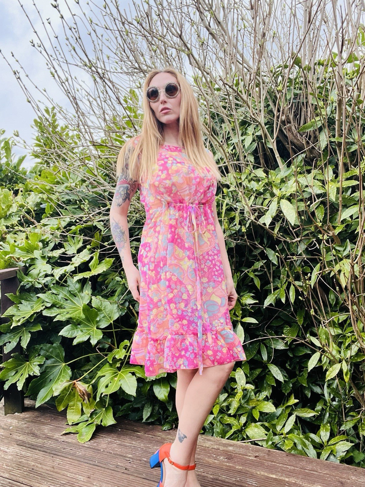 Vintage Y2K Sheer Dress 1960s Style Paisley Floral Ruffle Hem Baby Doll Slip 12