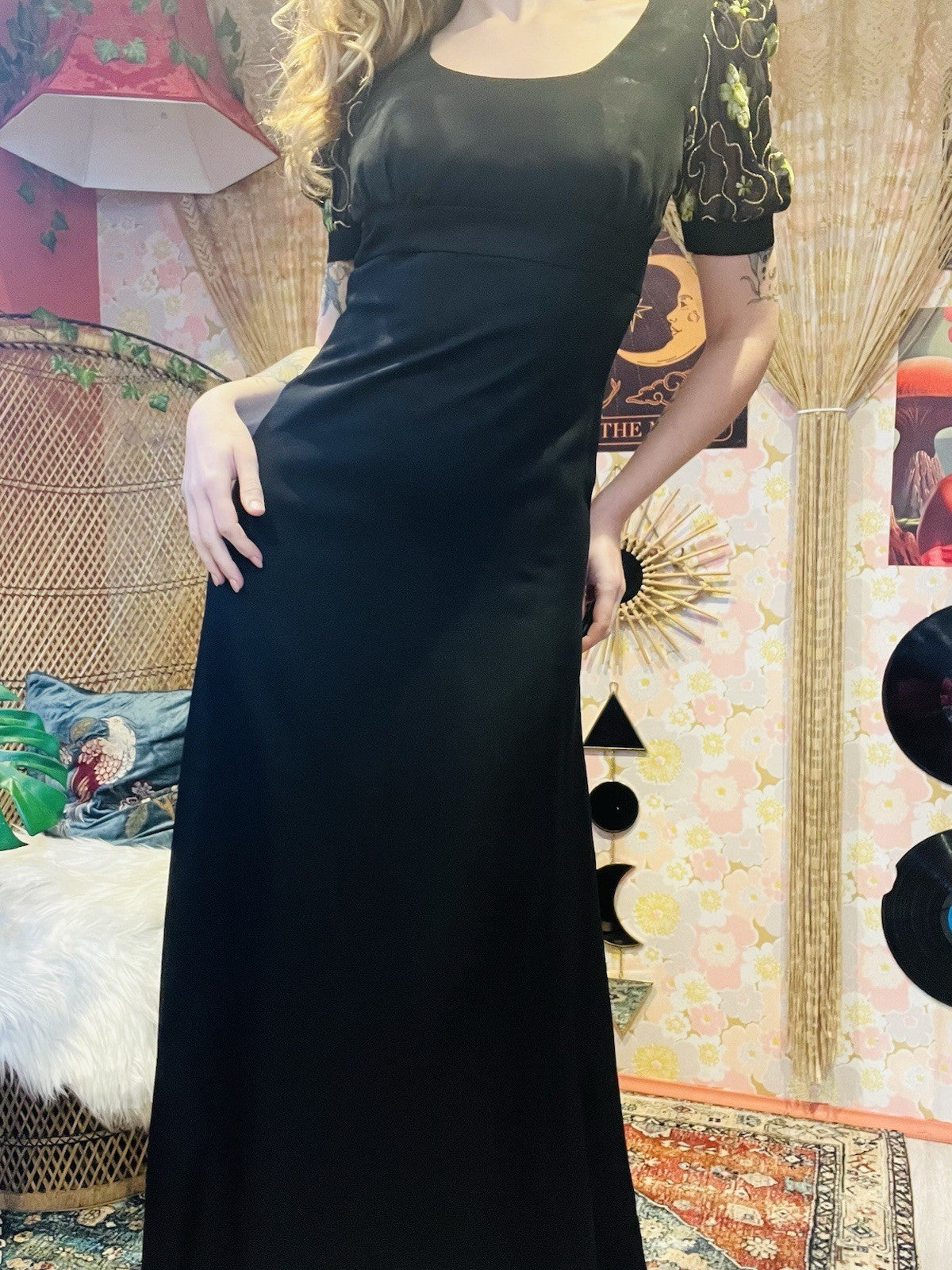 Vintage 1970s Maxi Dress Empire Waist With Embroidered Puff Sleeves Black 12